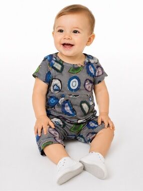 Ready Set Romper 6-12M Gray Geode Print Pocket Romper One Piece